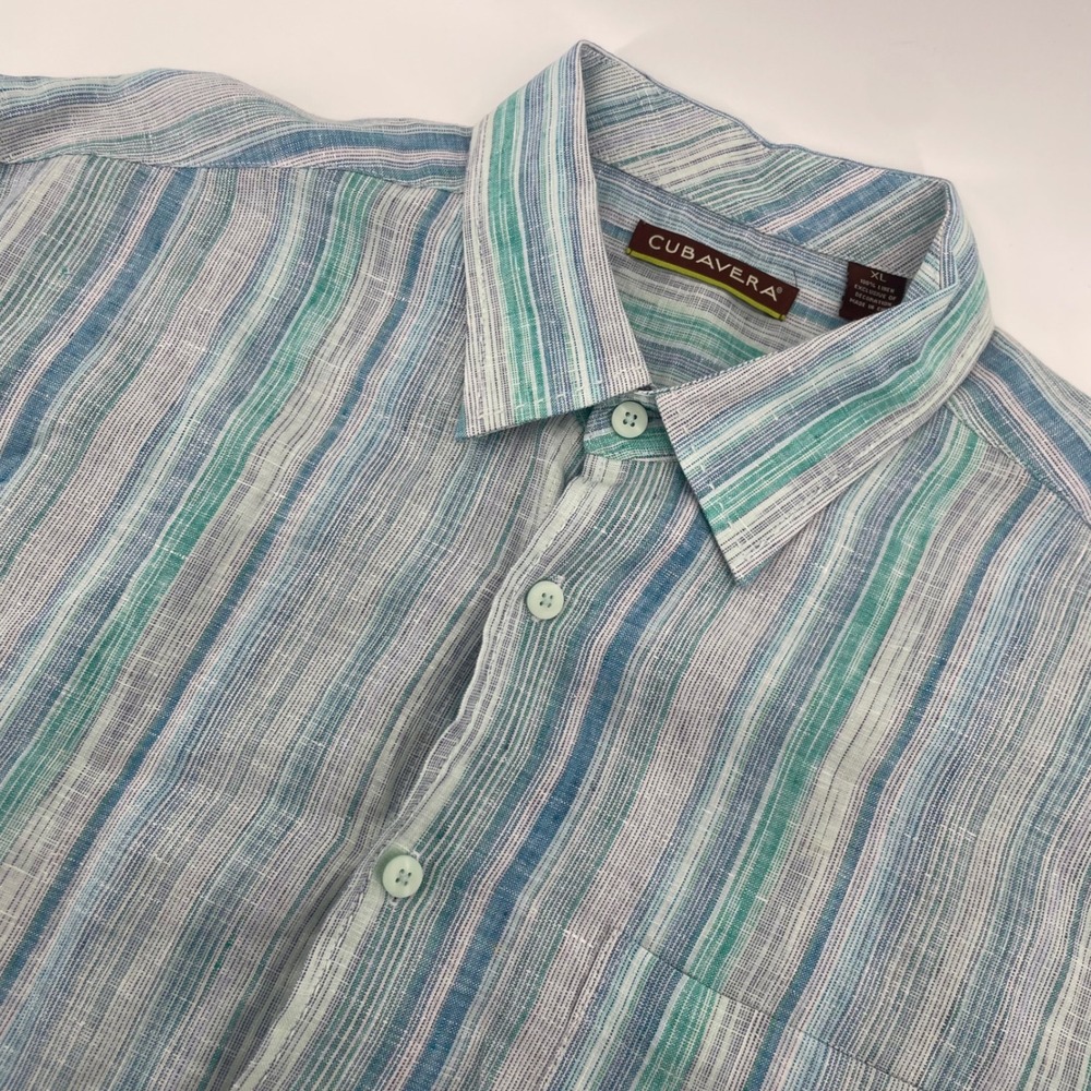 Cubavera Button Down Shirt Mens XL Blue Green Striped 100% Linen Short Sleeve
